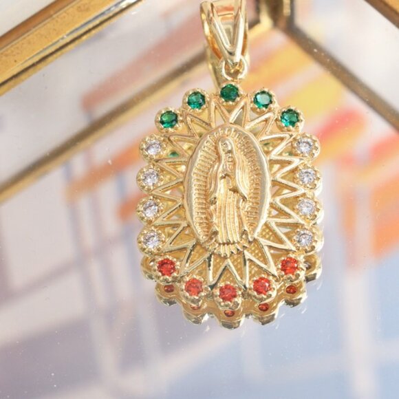 14K Virgen de Guadalupe Pendant Cubic Zirconia Figaro or Rope Chain 20"4mm - Picture 3 of 6